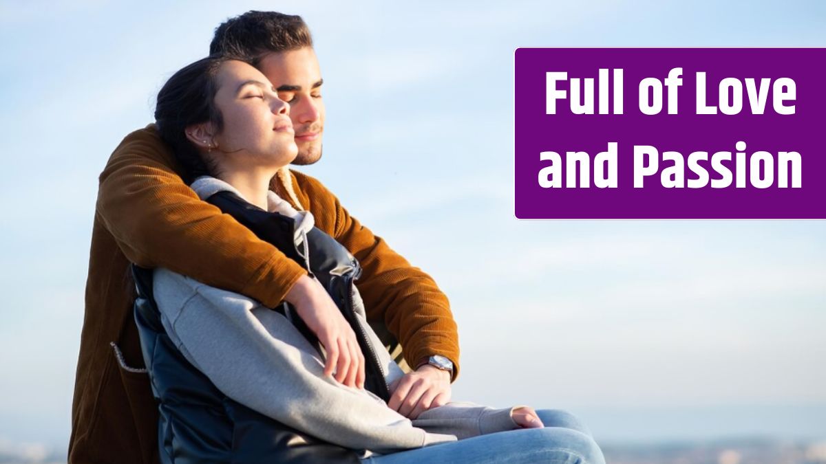 Side view of couple resting after hiking in autumn. Man and woman in casual clothes sitting at peak. Nature, activity, hobby concept.